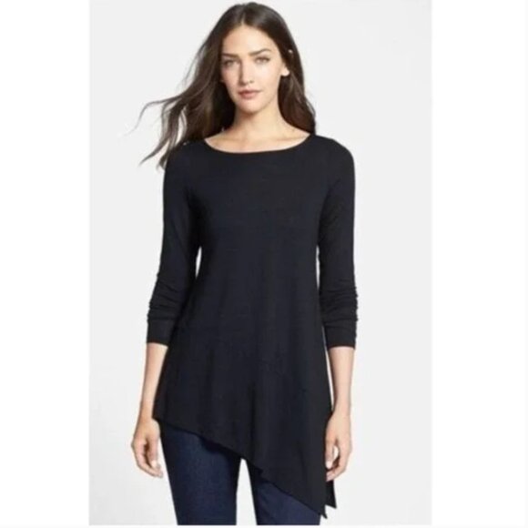 EILEEN FISHER black jersey knit asymmetrical tunic top - Picture 1 of 8